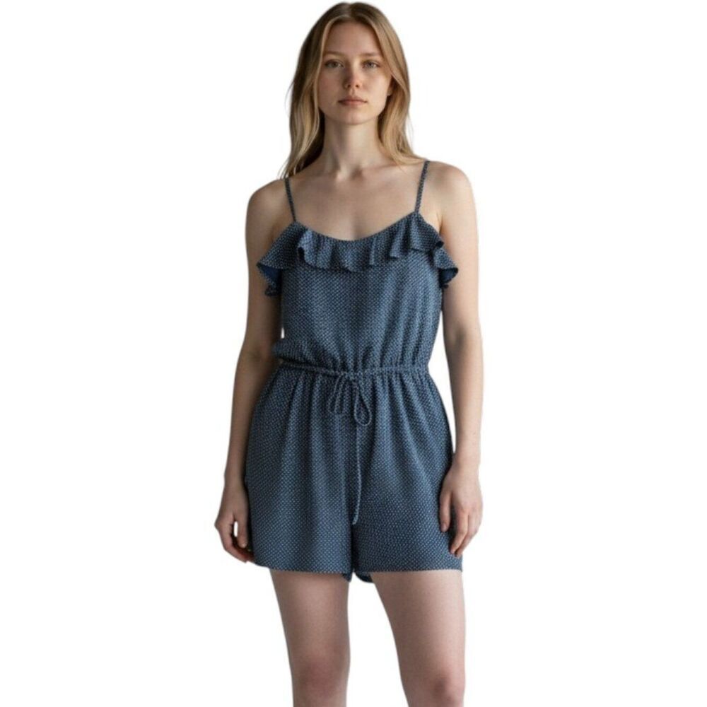 United Colors Benetton Romper Off Shoulder Ruffle Tie Waist Diamond Navy Blue S